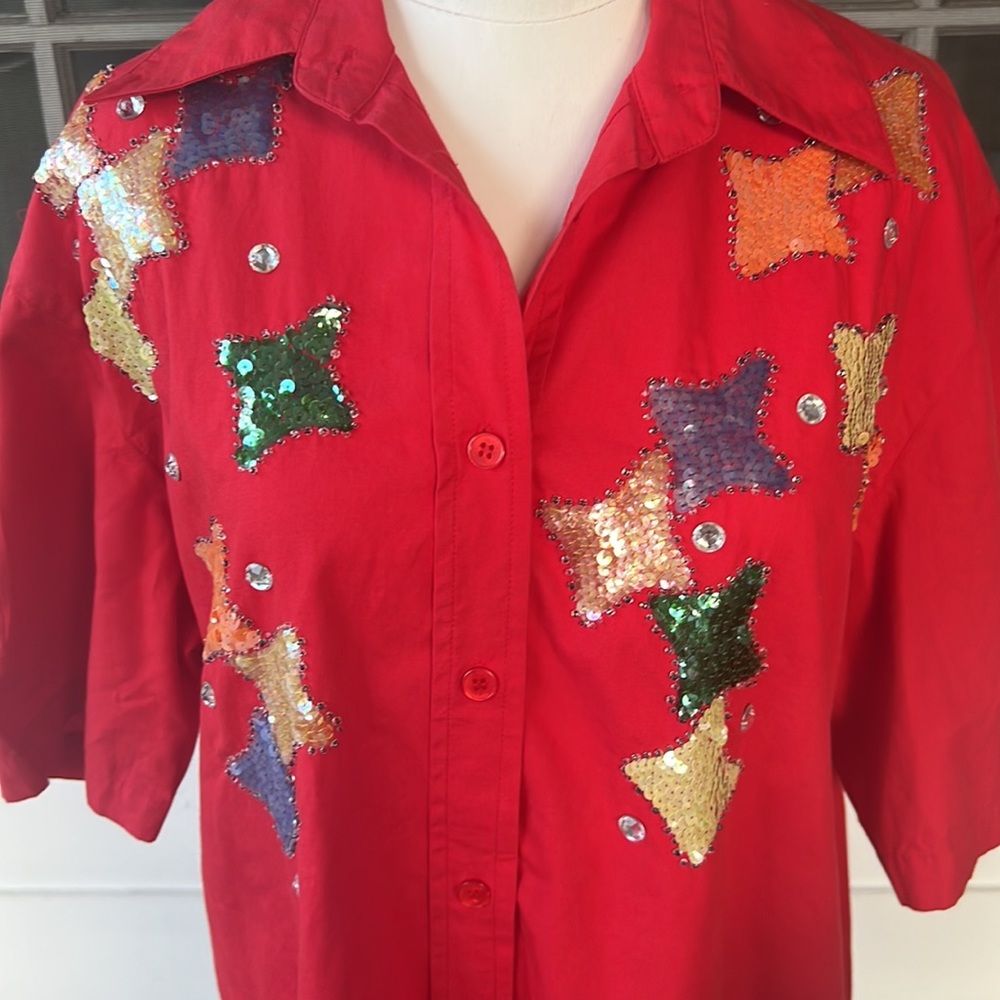 VTG Funky Button Up Red Blouse | Rhinestone & Sequin Star Appliqués 4th of July